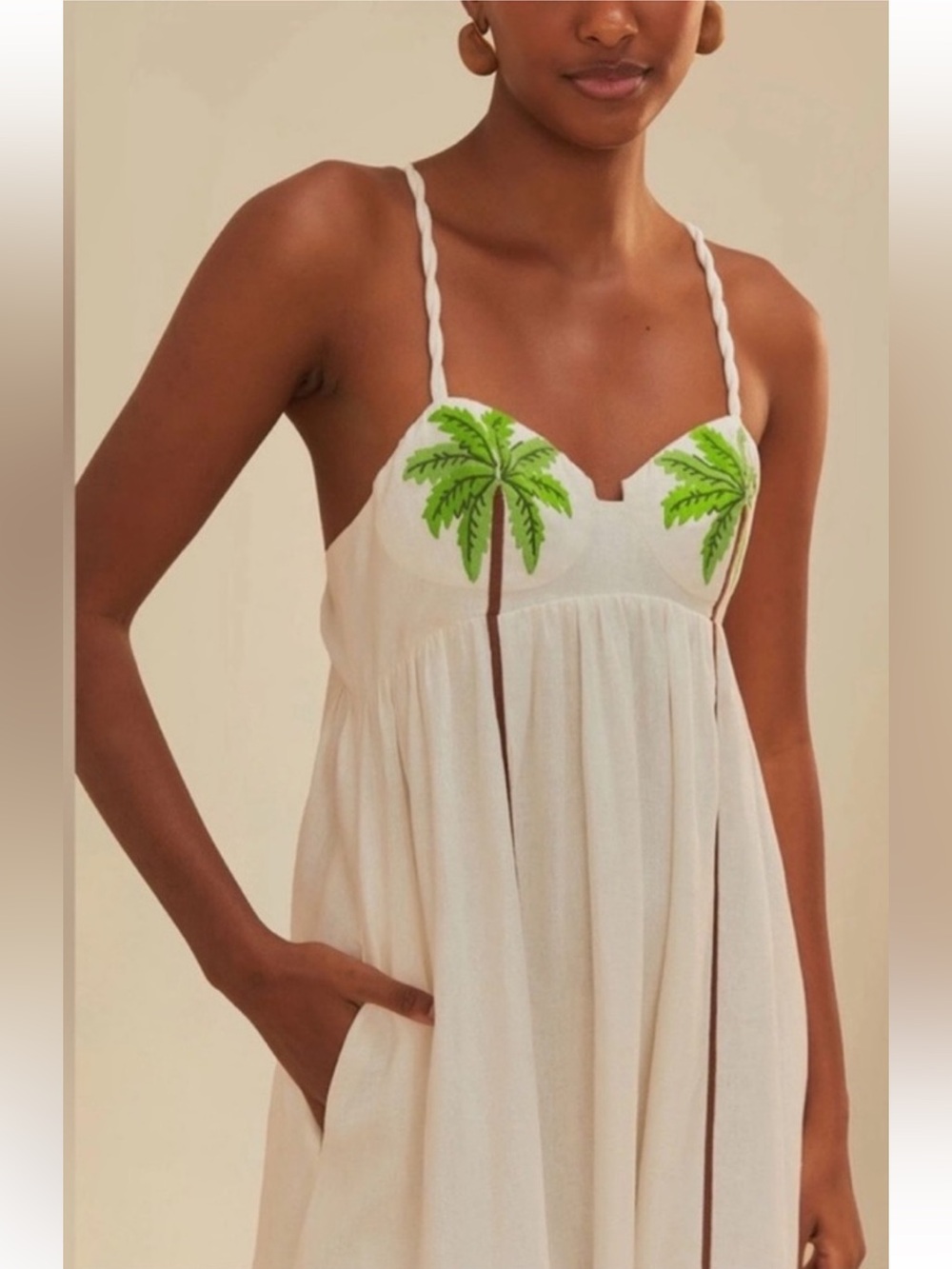 Farm Rio Coconut Tree Embroidered Linen Maxi Dress White Size XL Extra Large - Picture 3 of 4
